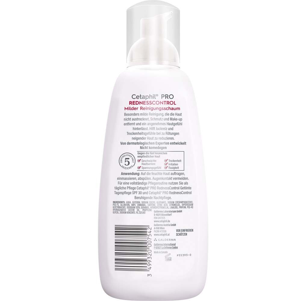 Rückseite der Flasche CETAPHIL PRO RednessControl Reinigungsschaum. Text und Inhaltsstoffe.
