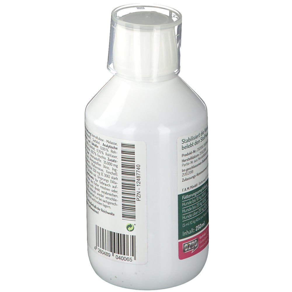 Weiße Flasche, Rückseite mit Etikett. Text: Inhaltsstoffe, Herstellerinformationen, Barcode. Inhalt: 250ml.