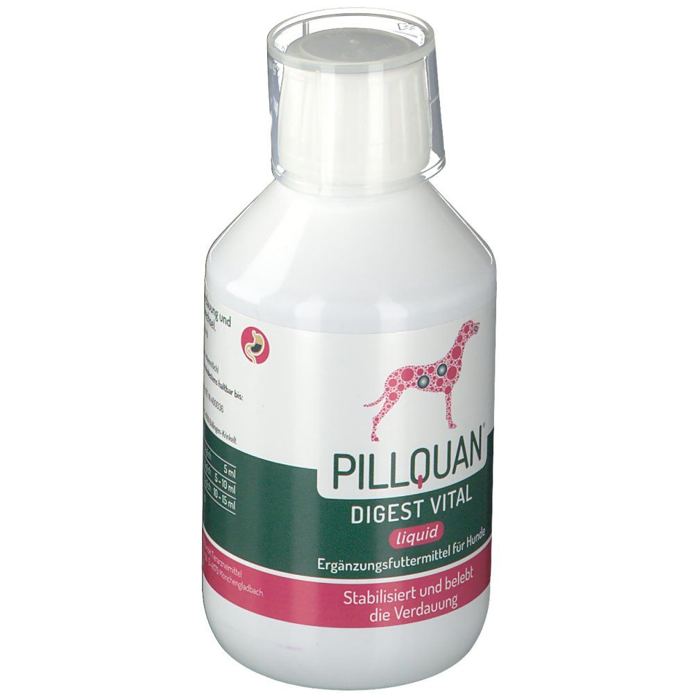 Weiße Flasche mit grünem und rosa Etikett. Aufschrift: PILLQUAN DIGEST VITAL liquid. Abbildung eines Hundes.