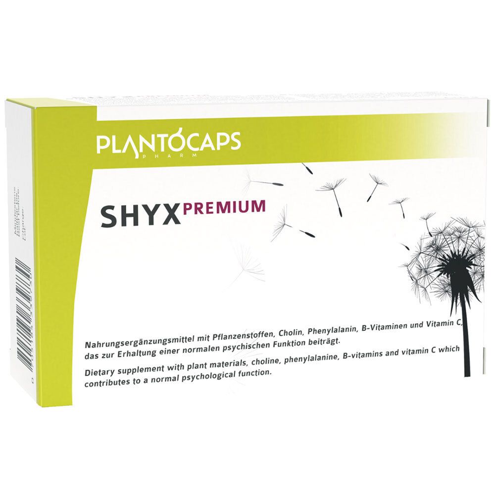 PlantoCaps SHYX PREMIUM Verpackung mit Löwenzahn-Motiv und Produktinformationen.