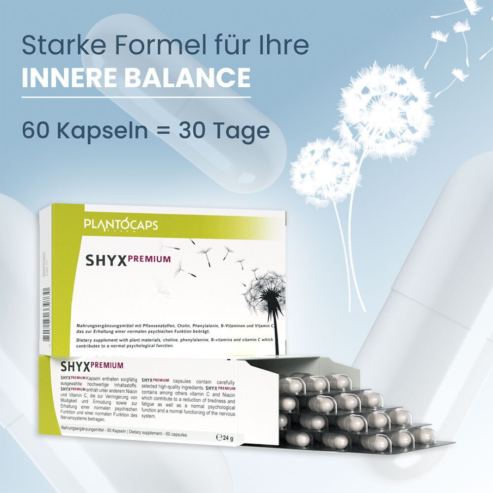 PlantoCaps SHYX PREMIUM Verpackung von der Seite, mit detaillierten Produktinformationen.