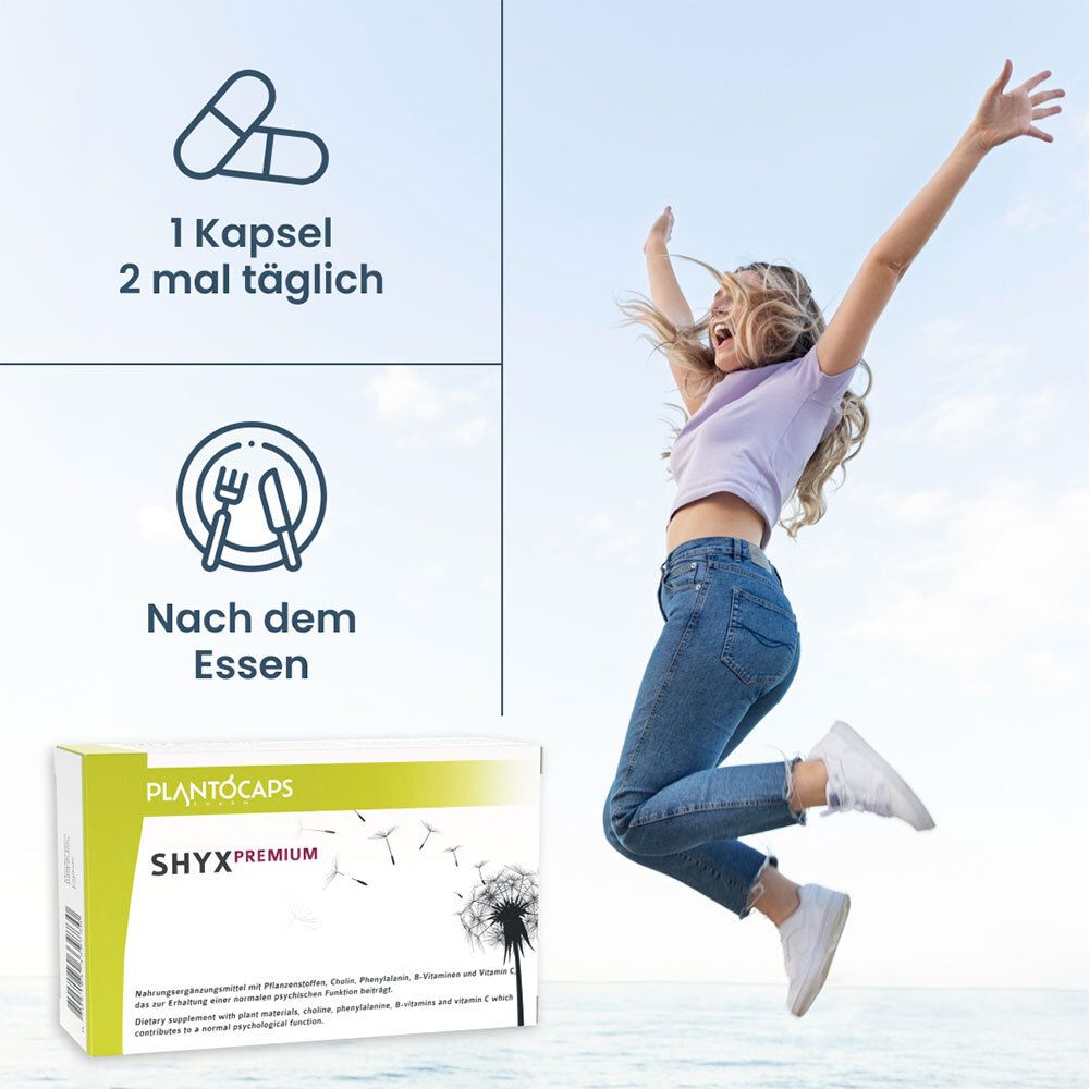 PlantoCaps SHYX PREMIUM Verpackung von der Seite, mit detaillierten Produktinformationen.