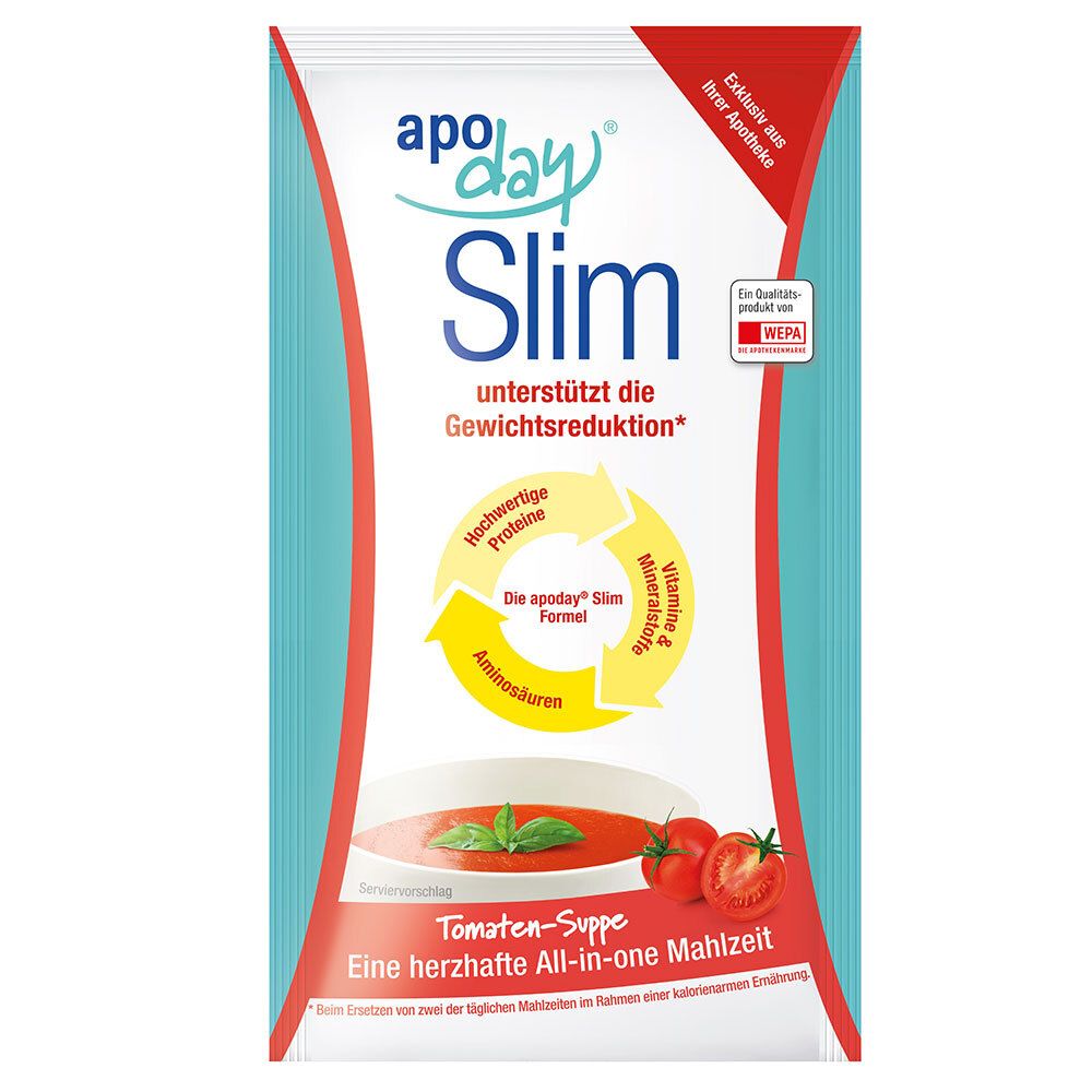 apoday® Slim Tomaten-Suppe-Packung. Enthält Text und Abbildungen von Tomaten und Suppe. WEPA-Qualitätssiegel.
