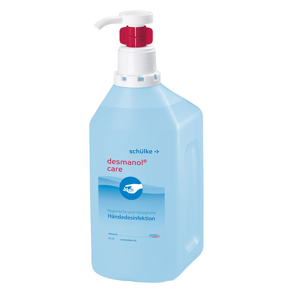 Blaue Flasche mit Spender. Aufschrift: desmanol care. Händedesinfektion.