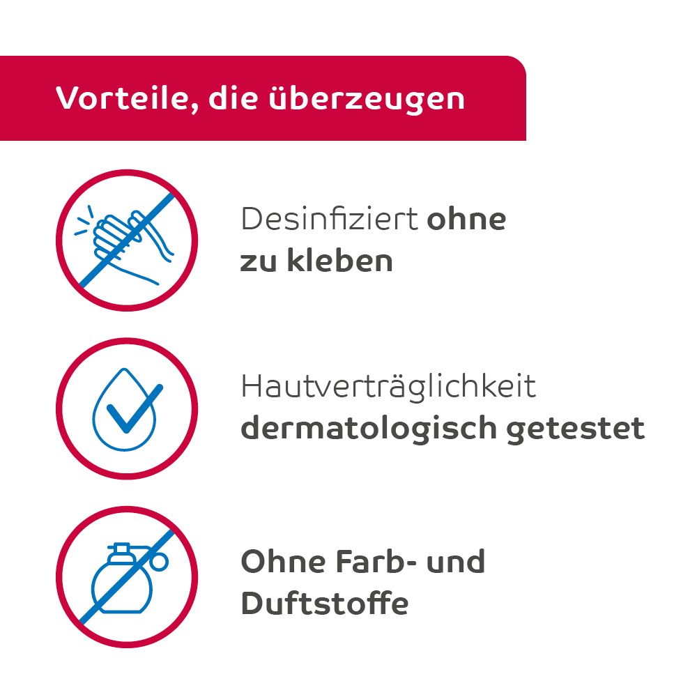 Grafik: Vorteile. Klebt nicht, dermatologisch getestet, ohne Farb- und Duftstoffe.