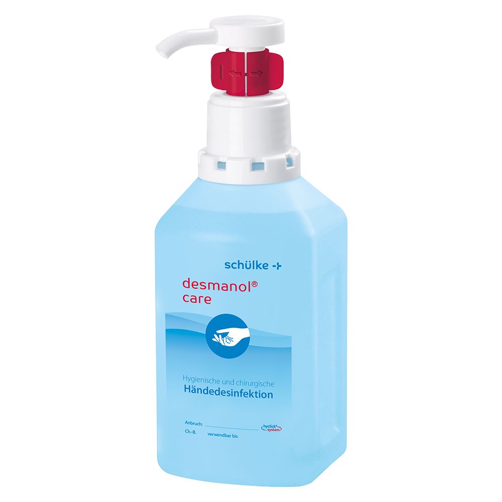 Händedesinfektionsmittel-Spenderflasche. Blaues, quadratisches Design mit Pumpe. Marke: schülke, desmanol® care.