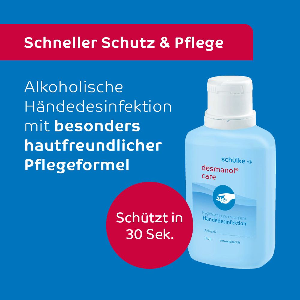 Produktflasche mit Text: Alkoholische Händedesinfektion. Marke: schülke, desmanol® care. Text: Schützt in 30 Sek.