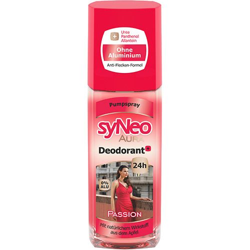 Deo-Pumpspray. Rote Kappe, rosa Flasche. Aufschrift: syNeo AURA Deodorant, 24h, Passion. Ohne Aluminium. Mit natürlichem Wirkstoff.