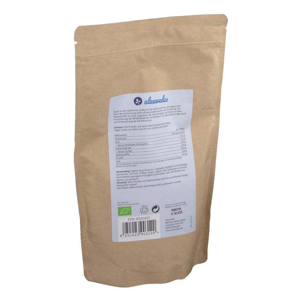 Rückseite des braunen Papierbeutels. Weißes Etikett mit Text und Nährwertangaben. Logo: aleavedis. Bio-Siegel, Barcode und Mindesthaltbarkeitsdatum.