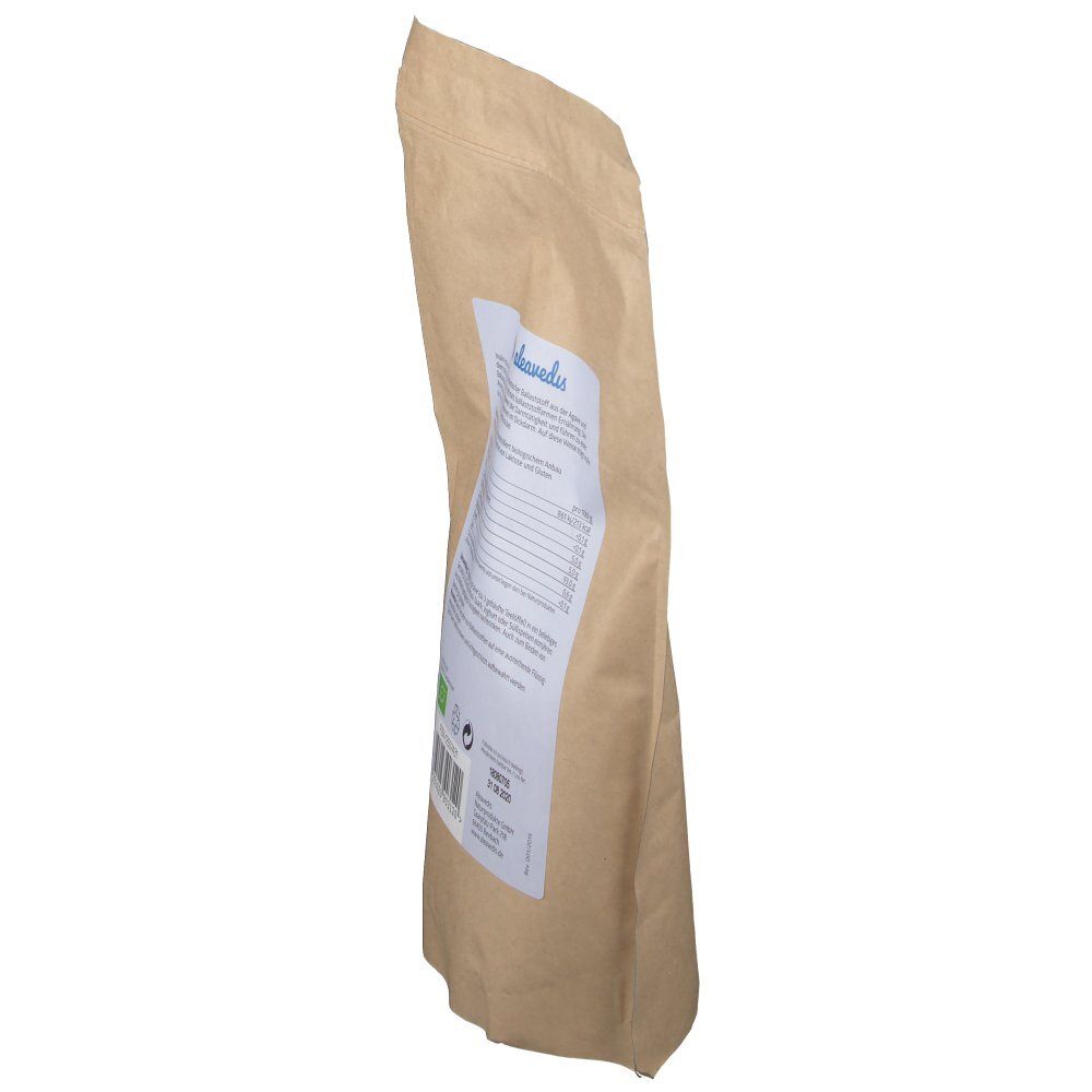 Brauner Papierbeutel, Seitenansicht. Weißes Etikett mit Text und Nährwertangaben. Logo: aleavedis. Bio-Siegel, Barcode und Mindesthaltbarkeitsdatum.