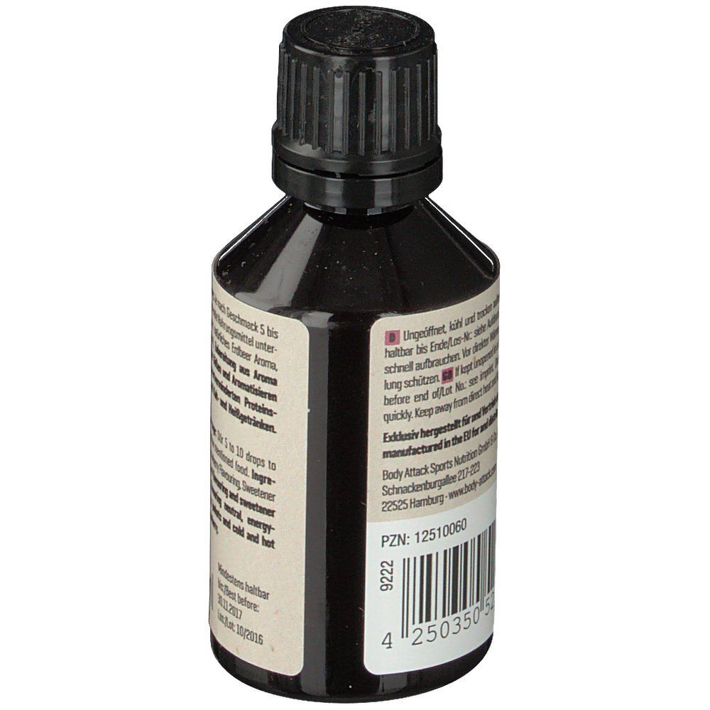 Flav Drops Erdbeergeschmack. Seitenansicht der Flasche mit Text und Barcode. Herstellerinformationen.
