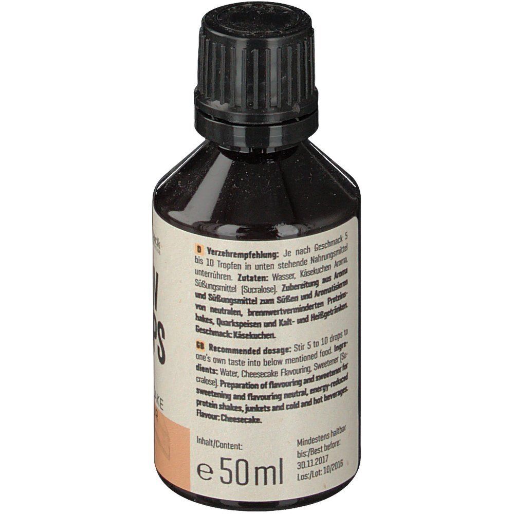 Rückseite der Flasche. Text mit Zutaten und Dosierungsempfehlung. Aufschrift: Flav Drops Cheesecake Flavour. 50 ml.