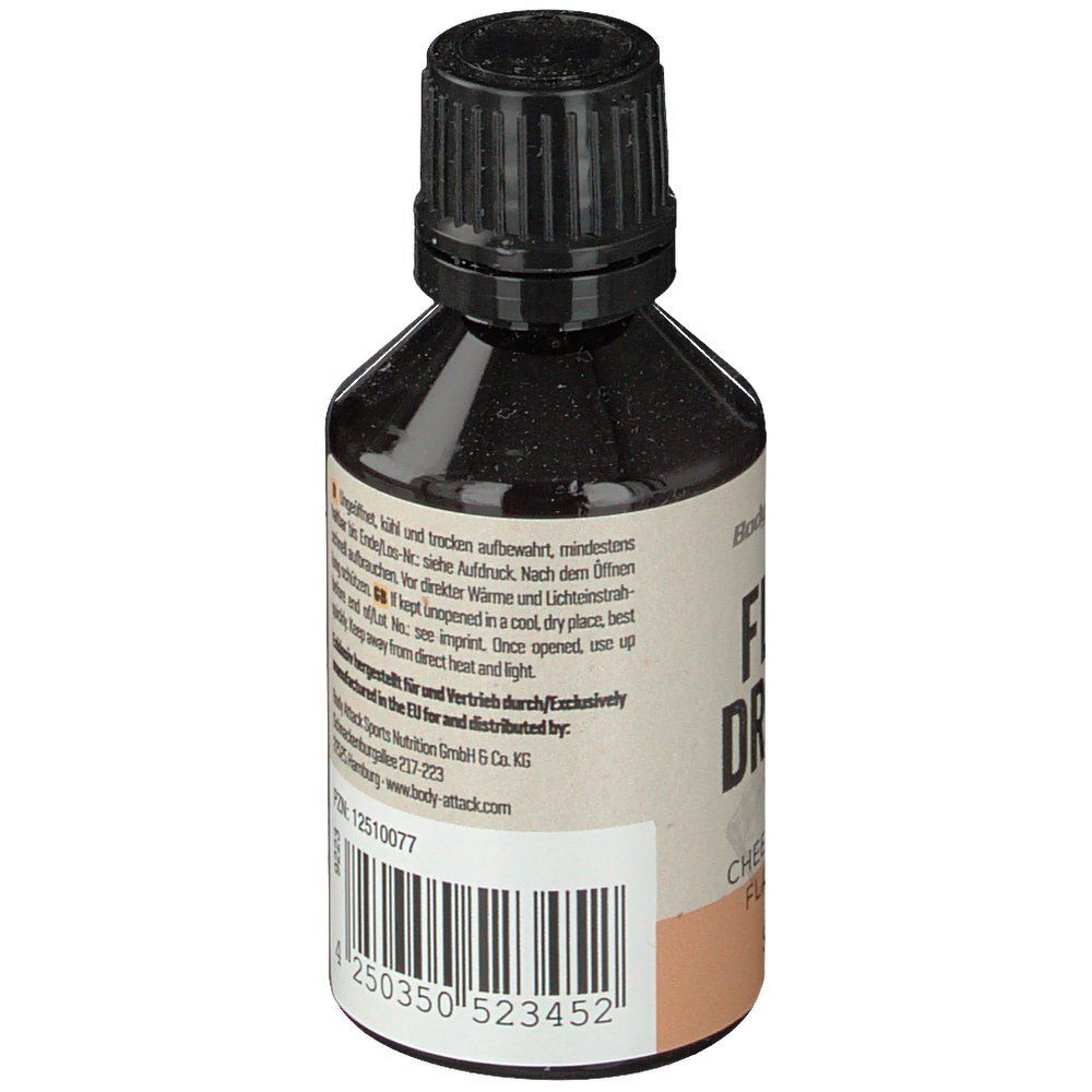 Flasche mit Barcode und Herstellerinformationen. Aufschrift: Flav Drops Cheesecake Flavour. 50 ml.