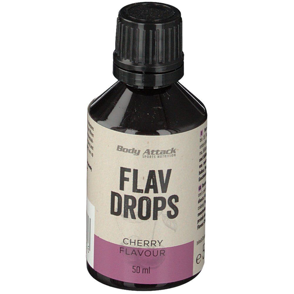 Braune Flasche mit schwarzem Deckel. Aufschrift: Flav Drops, Cherry Flavour. 50 ml.