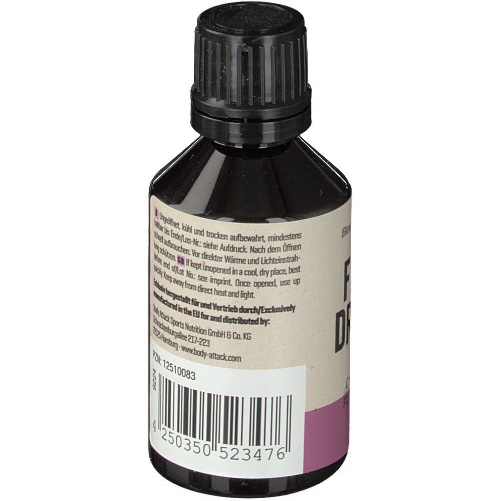 Rückseite der Flasche. Text in Deutsch und Englisch. Lagerungshinweise und Herstellerinformationen.
