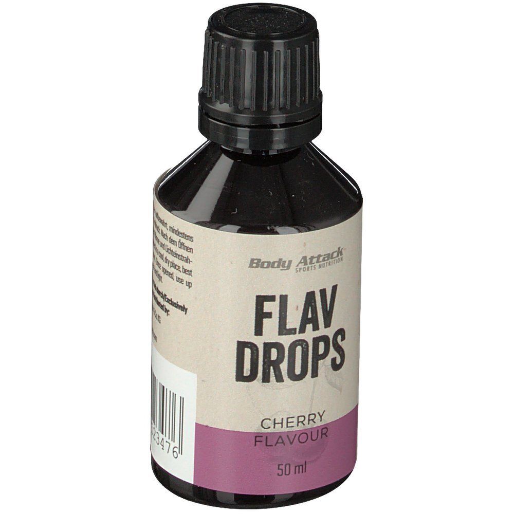 Braune Flasche mit schwarzem Deckel. Aufschrift: Body Attack, Flav Drops, Cherry Flavour. 50 ml.