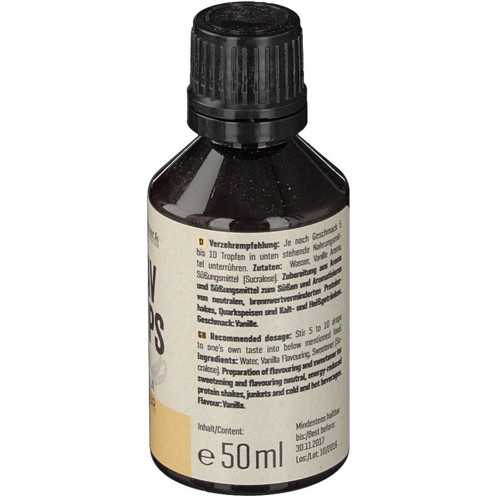 Braune Flasche mit schwarzem Deckel. Aufschrift: Flav Drops, Vanilla Flavour, 50 ml. Rückseite mit Text.