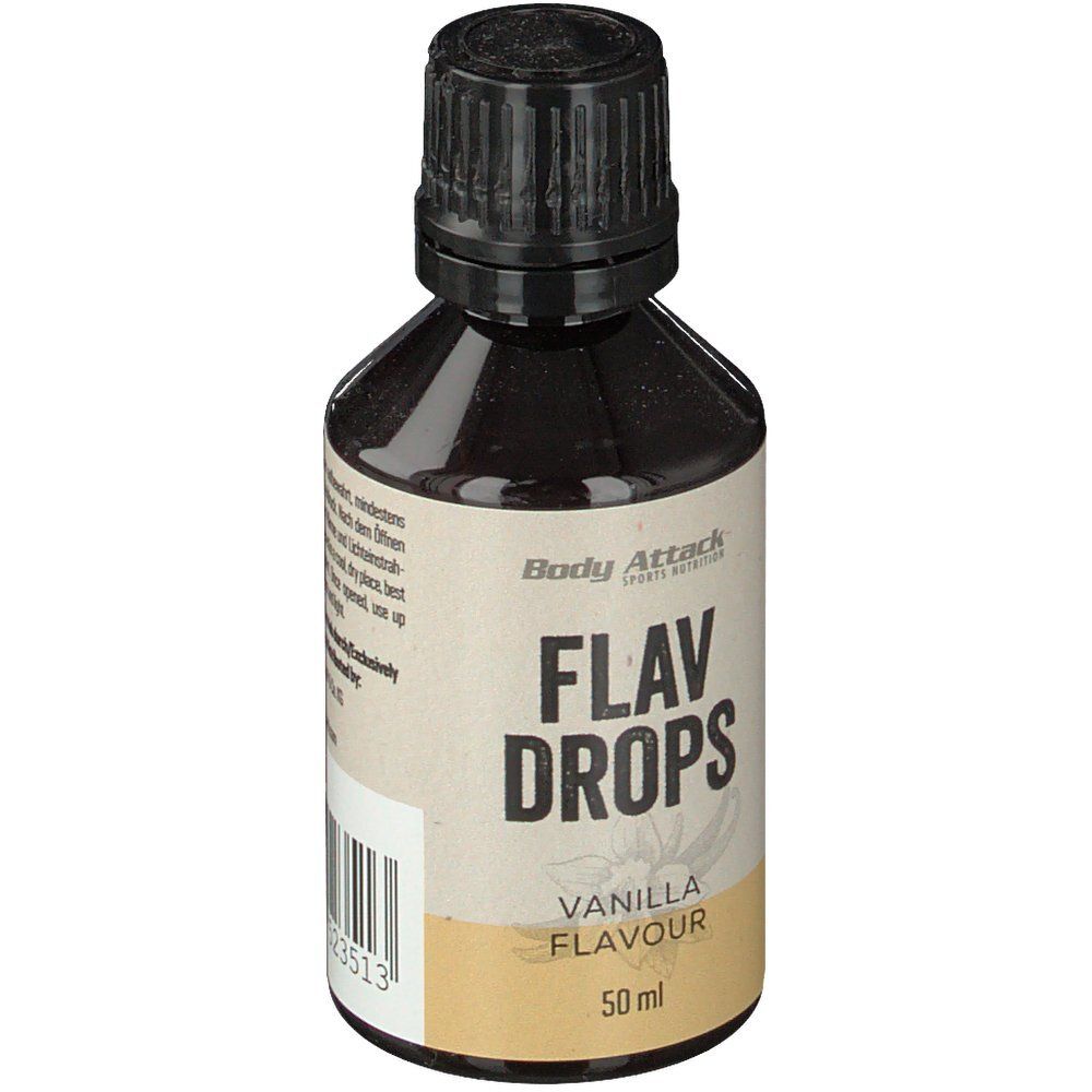 Braune Flasche mit schwarzem Deckel. Aufschrift: Flav Drops, Vanilla Flavour, 50 ml. Marke: Body Attack.
