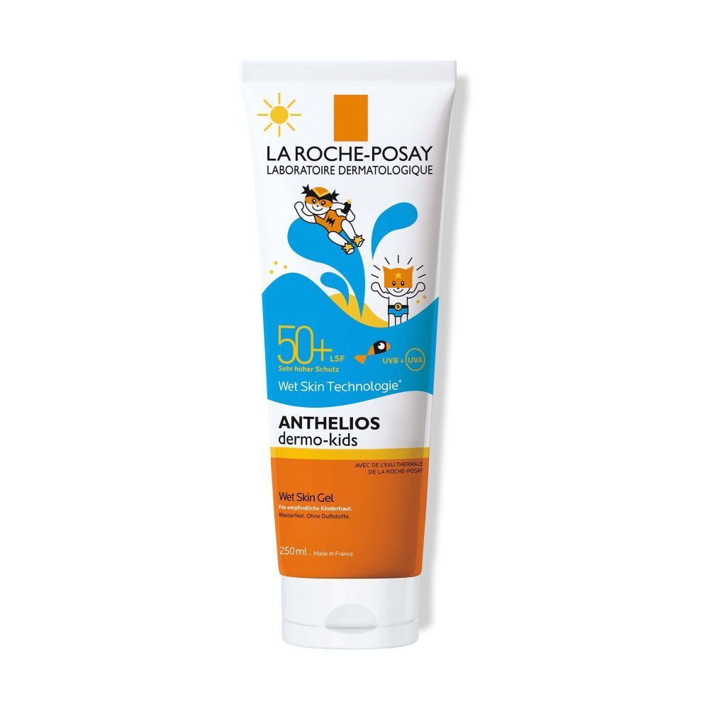 La Roche-Posay Anthelios Dermokids W Gel SPF 50+ Tube. Weiß, orange und blau. Mit Illustrationen und Text.