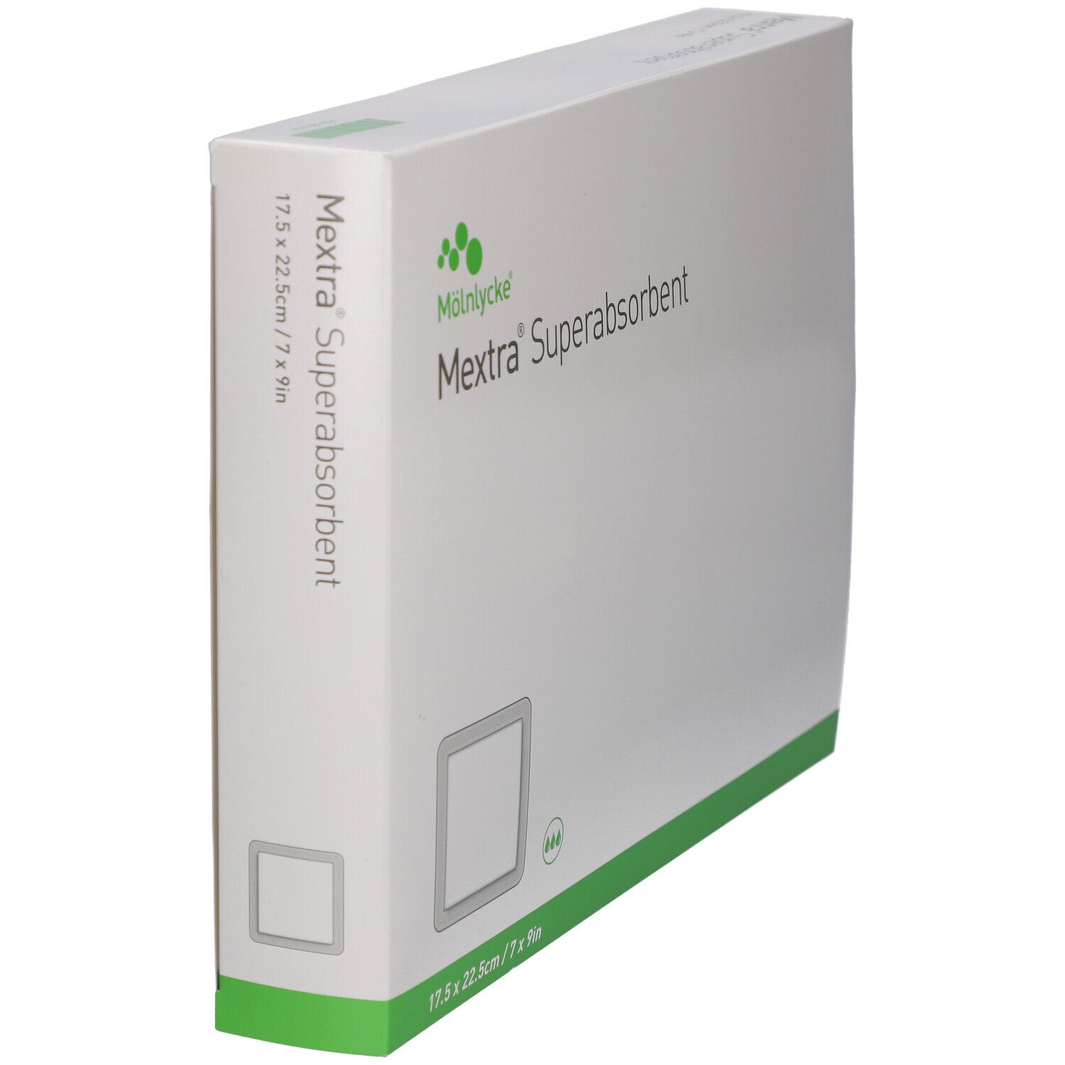 Mextra Superabsorbent Verband, 17,5x22,5 cm. Seitenansicht der Kartonverpackung mit Produktnamen und Grössenangabe.