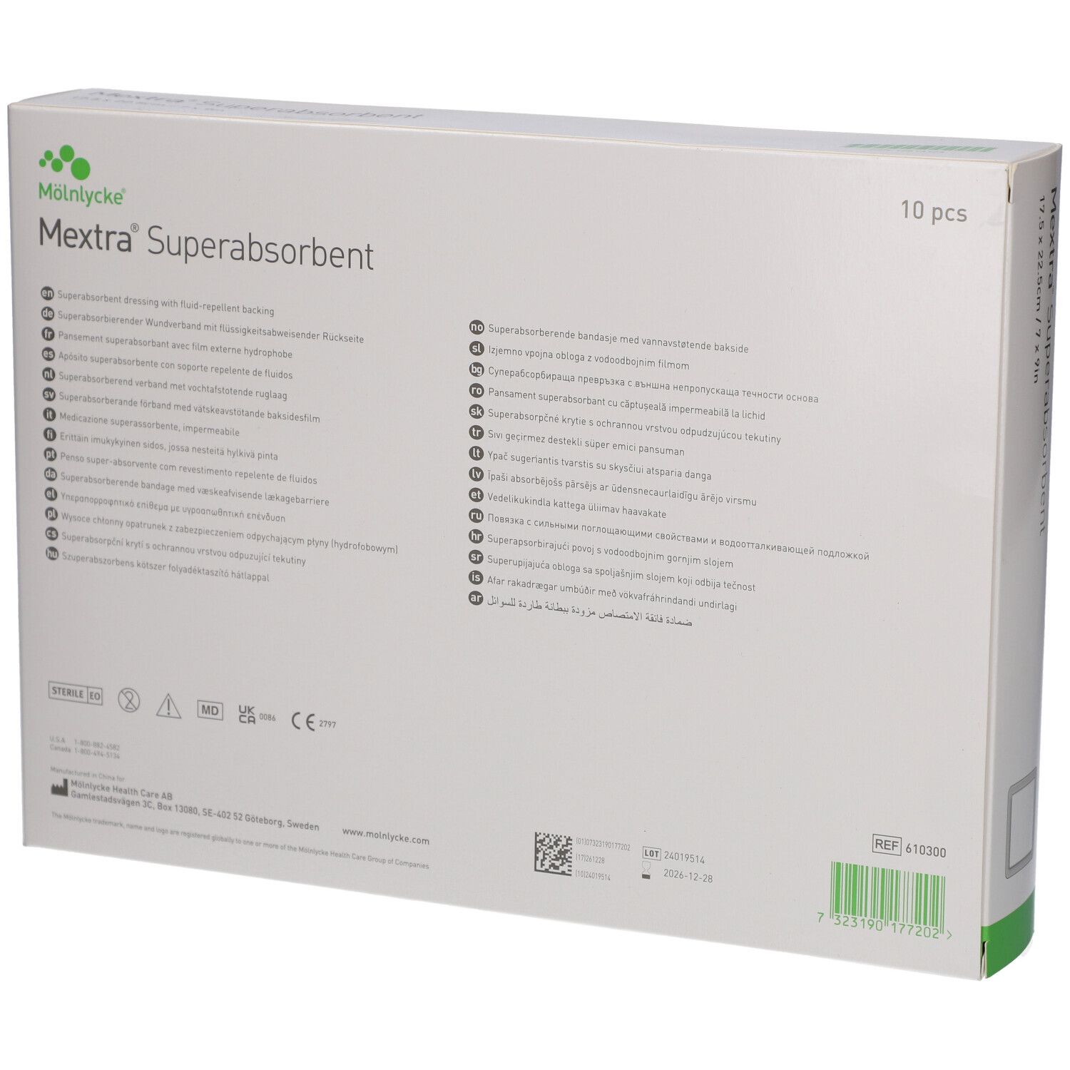 Rückseite der Mextra Superabsorbent Verband-Verpackung. Enthält Gebrauchsanweisungen in mehreren Sprachen und Produktzertifizierungen.
