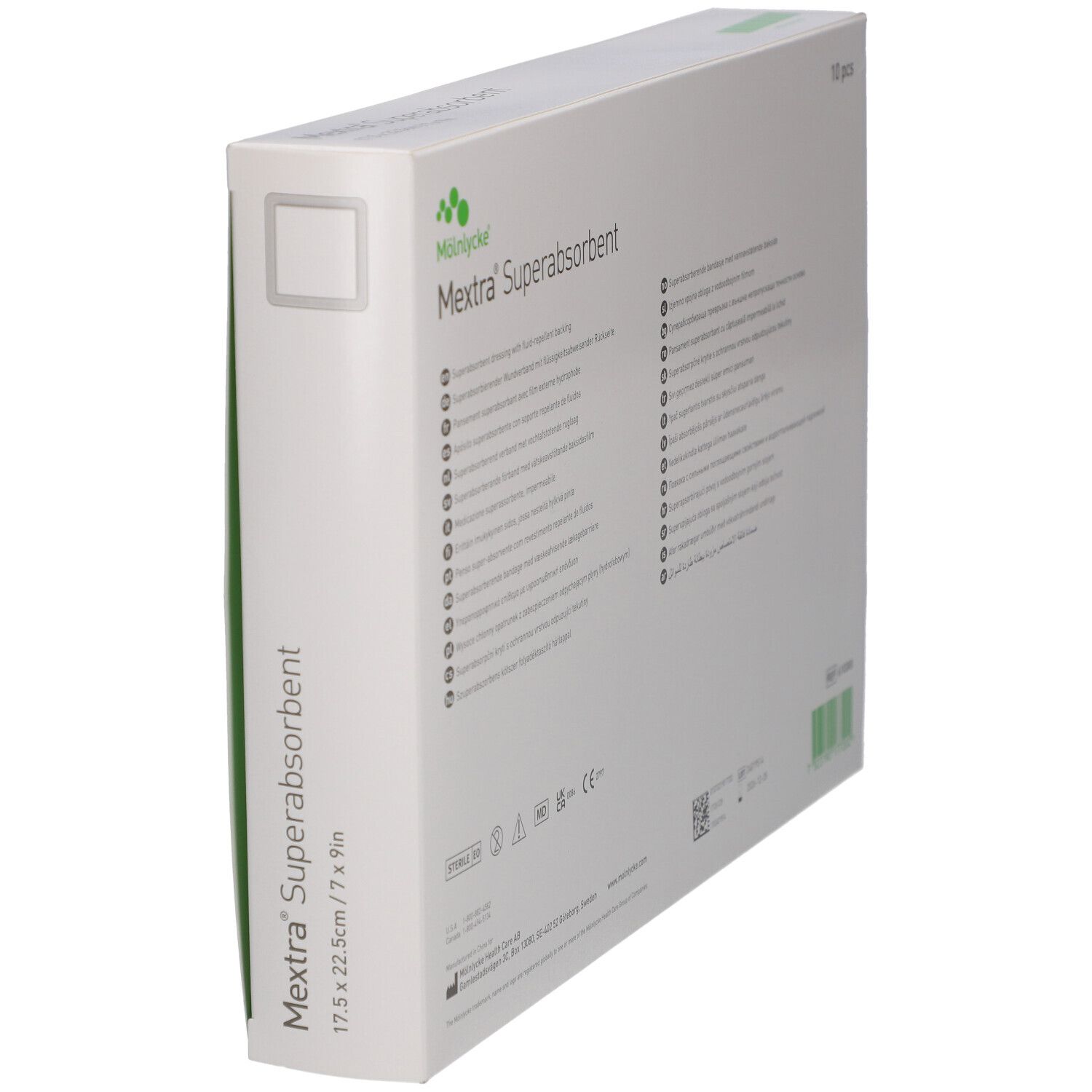 Mextra Superabsorbent Verband, 17,5x22,5 cm. Schräge Ansicht der Kartonverpackung mit Produktnamen und Grössenangabe.