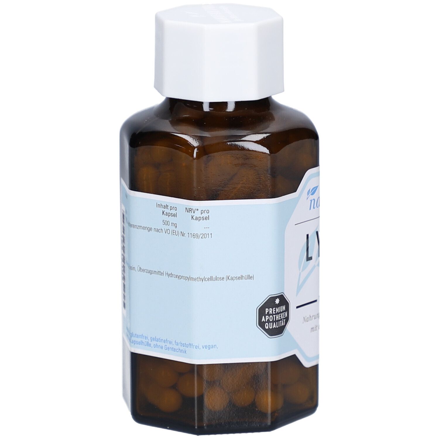 Braune Glasflasche mit weißem Deckel. Etikett mit Produktinformationen und Apotheken-Qualität-Siegel.