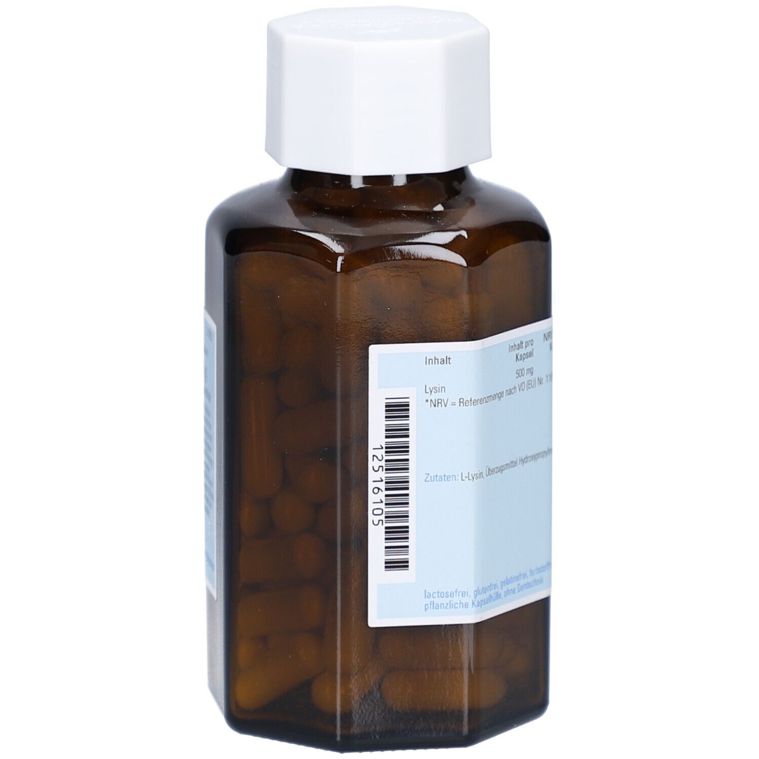 Braune Glasflasche mit weißem Deckel. Rückseite mit Produktinformationen und Barcode.