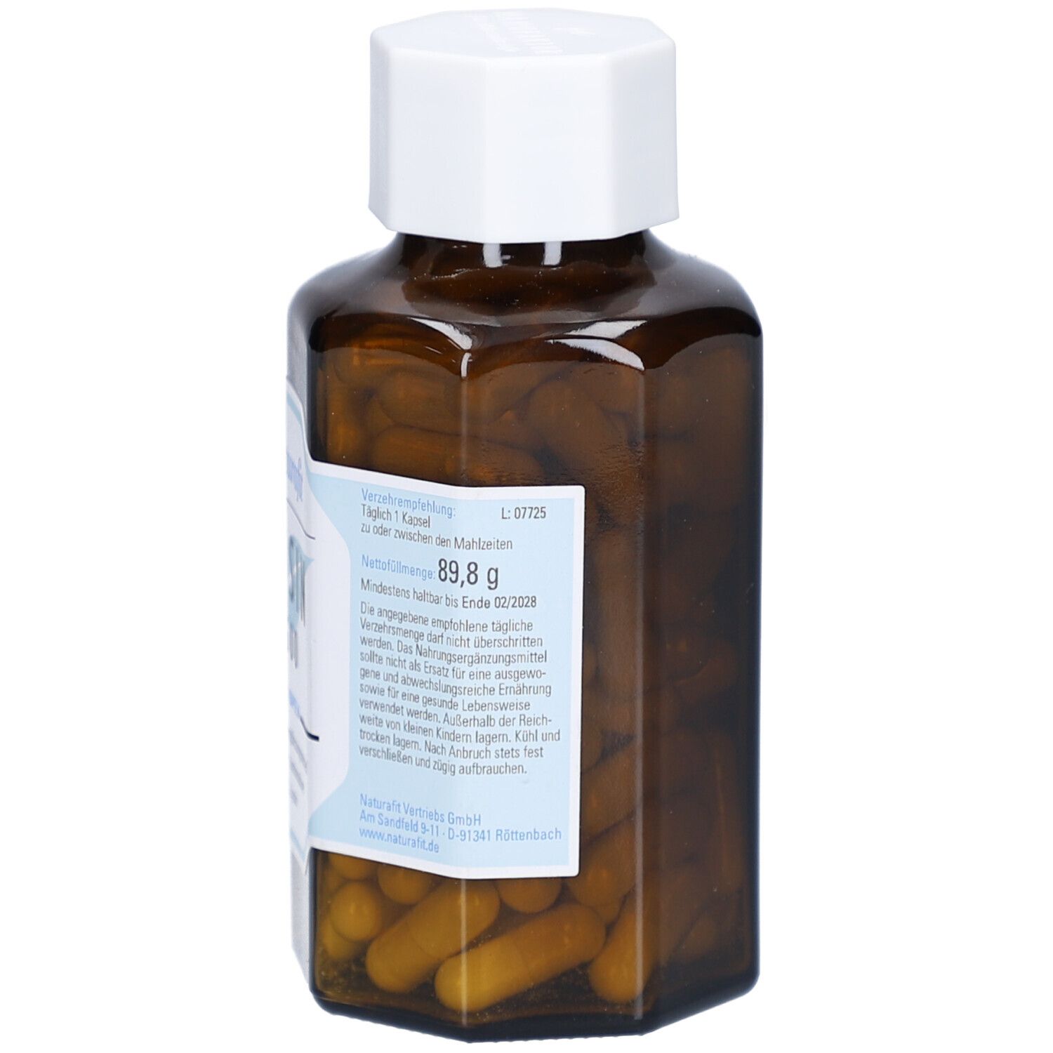 Braune Glasflasche mit weißem Deckel. Etikett mit Produktinformationen und Verzehrempfehlung.