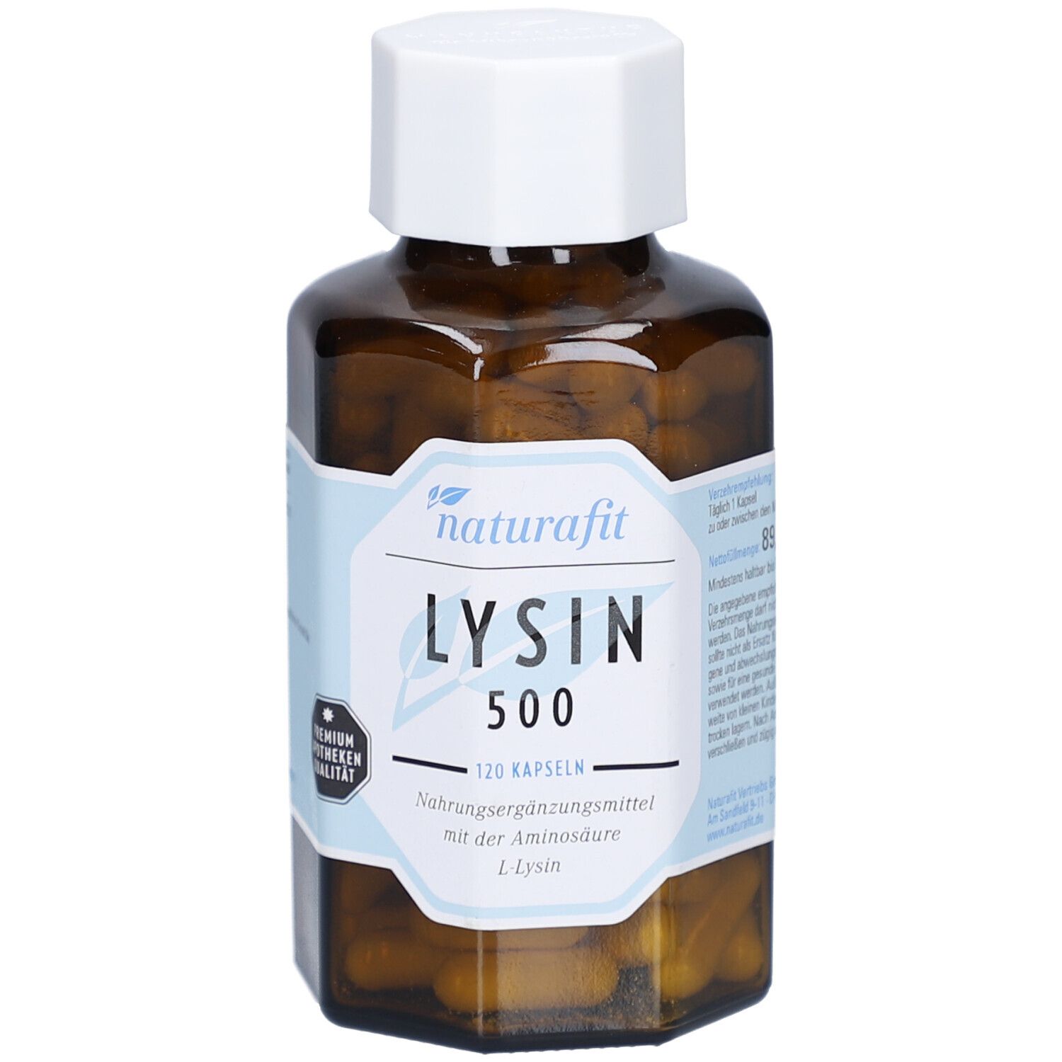 Braune Glasflasche mit weißen Deckel. Etikett mit naturafit, LYSIN 500, 120 Kapseln. Nahrungsergänzungsmittel.