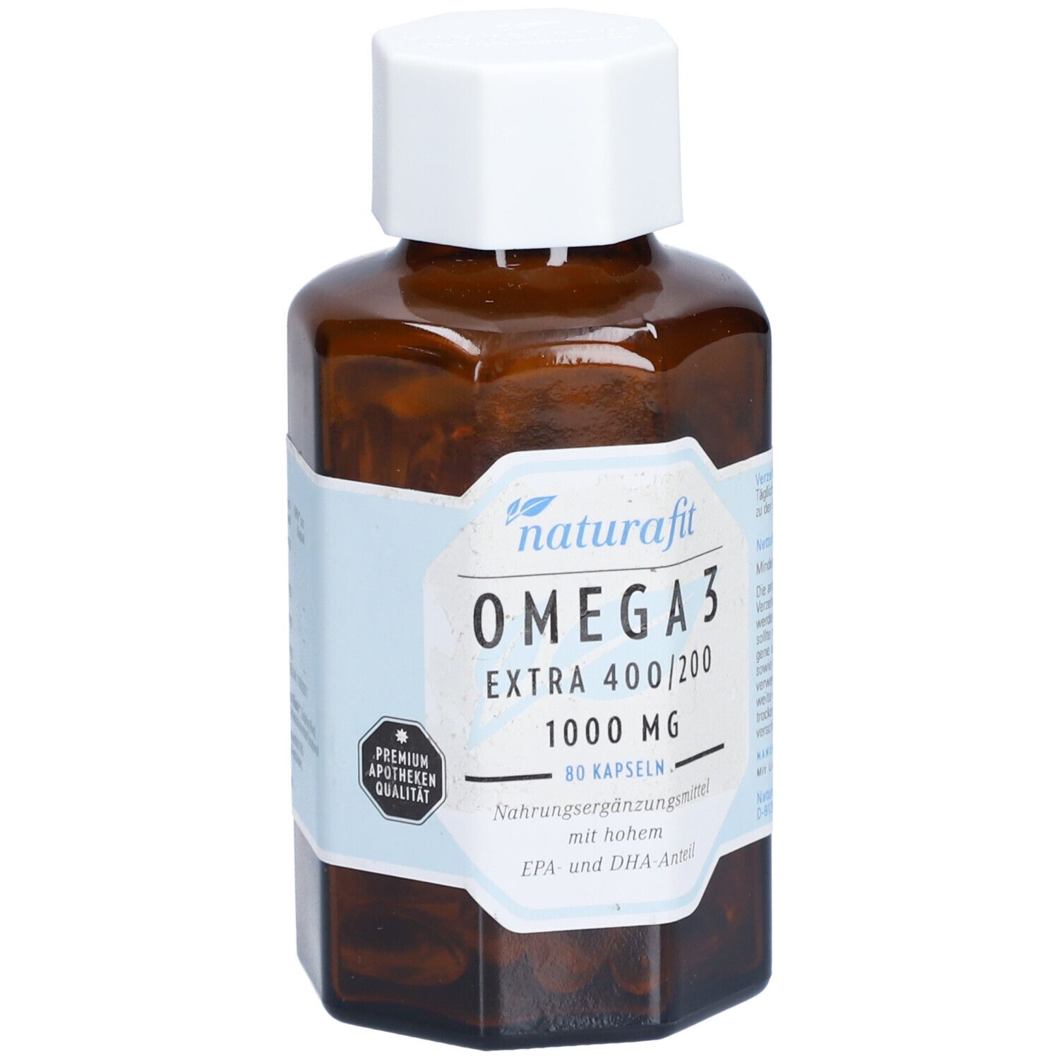 Braune Flasche mit weißen Deckel. Auf dem Etikett steht: OMEGA 3 EXTRA 400/200 1000 mg. Premium Apotheken Qualität.
