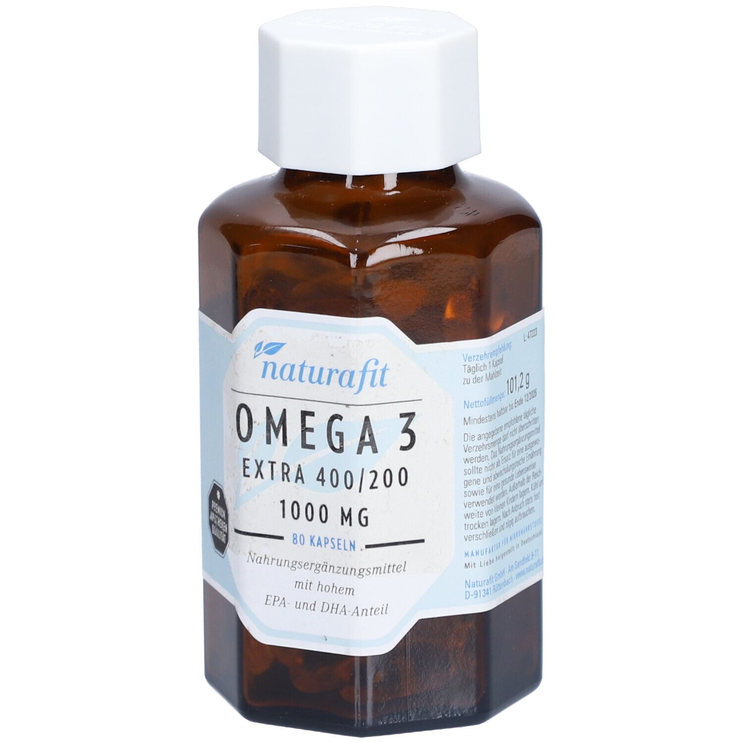 Braune Flasche mit weißen Deckel. Auf dem Etikett steht: OMEGA 3 EXTRA 400/200 1000 mg. Premium Apotheken Qualität.
