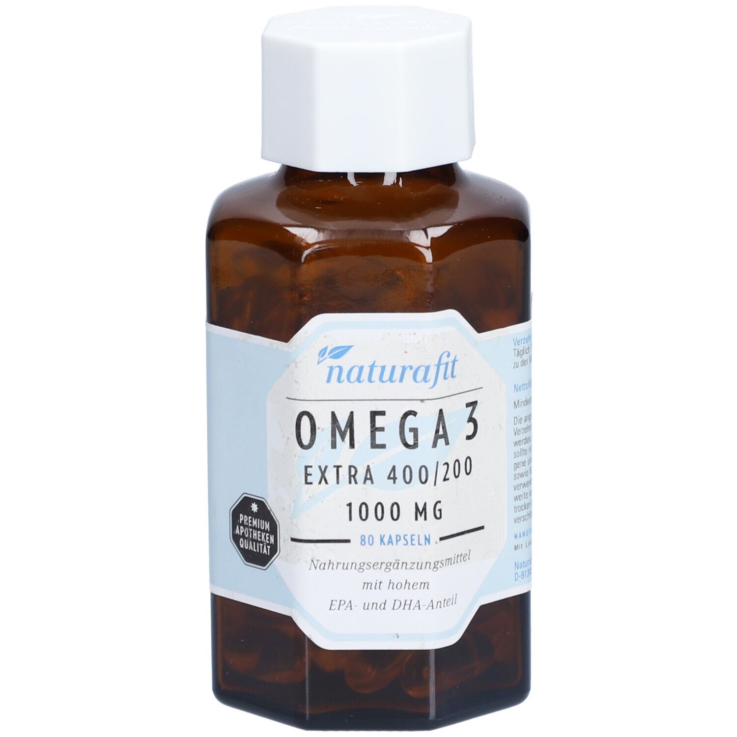 Braune Flasche mit weißen Deckel. Auf dem Etikett steht: OMEGA 3 EXTRA 400/200 1000 mg. Premium Apotheken Qualität.
