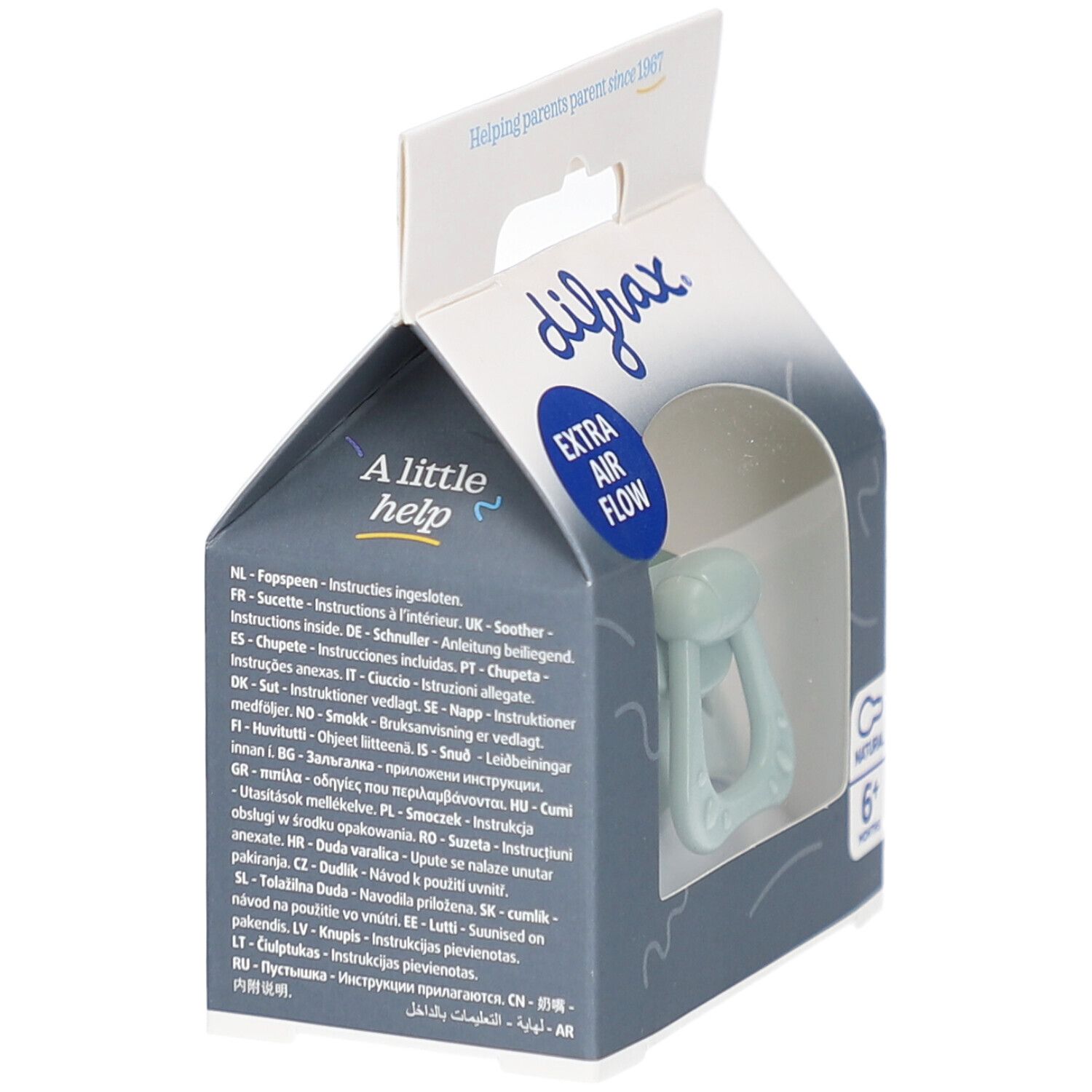 Verpackung mit Schnuller. Marke difrax, Extra Air Flow. Text in mehreren Sprachen. Schnuller sichtbar.