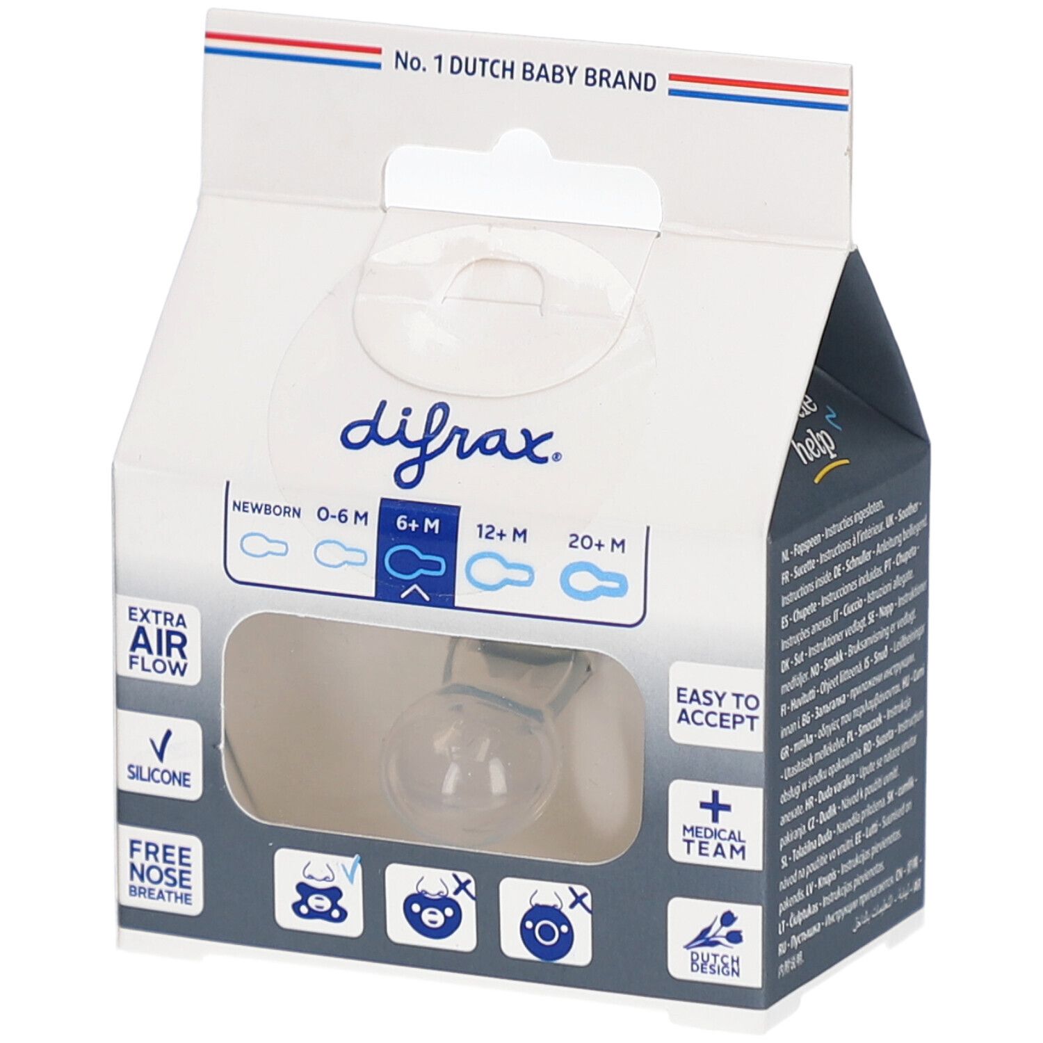 Verpackung mit Schnuller. Marke difrax, Extra Air Flow, Silikon. Geeignet für 0-6, 6-12, 12-20+ Monate.