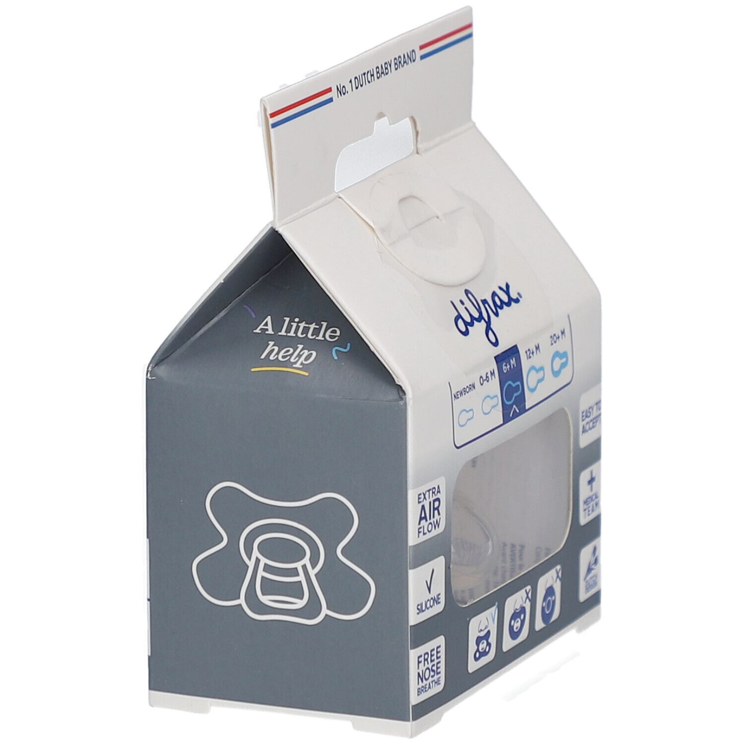 Verpackung mit Schnuller. Marke difrax, Extra Air Flow, Silikon. Geeignet für 0-6, 6-12, 12-20+ Monate.