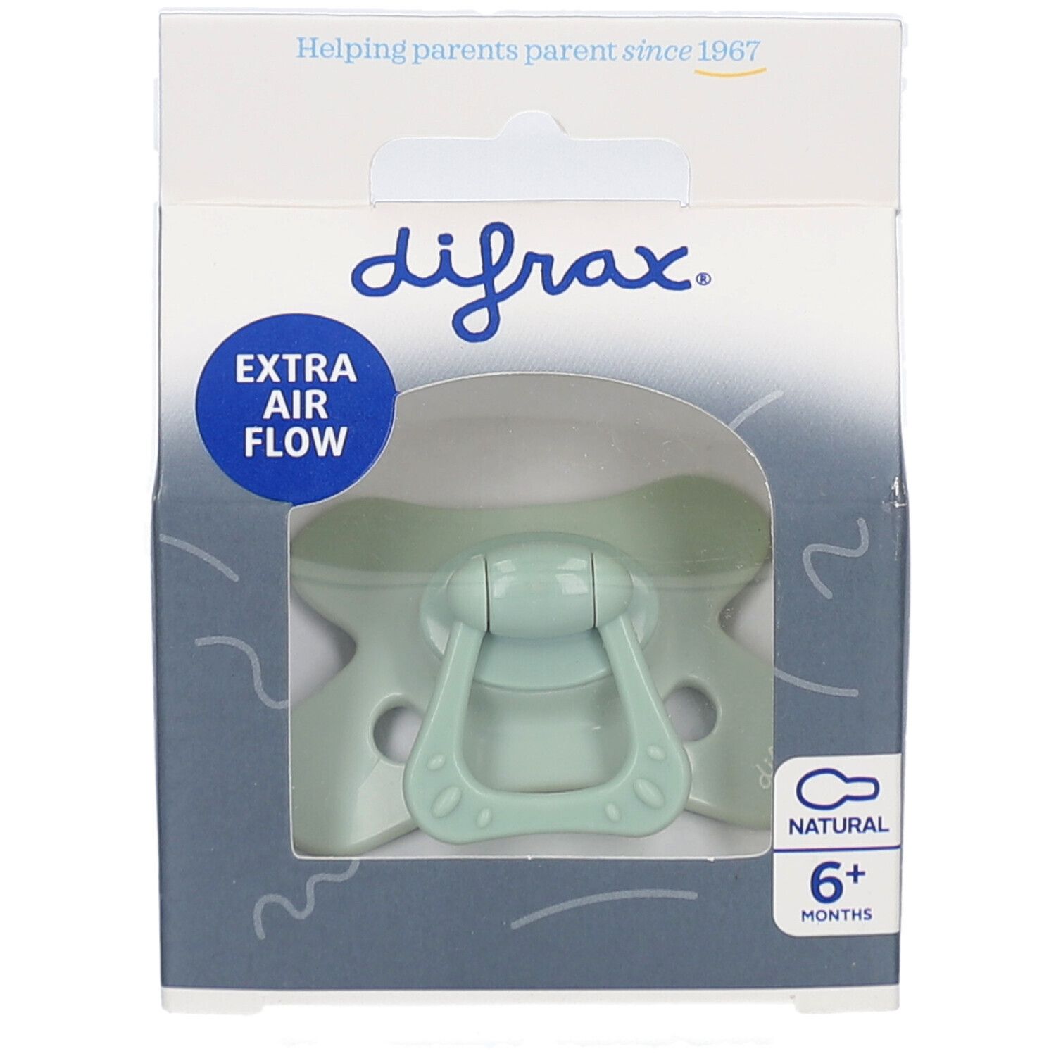 Hellgrüner Schnuller in Verpackung. Marke difrax, Extra Air Flow, Natural, 6+ Monate.