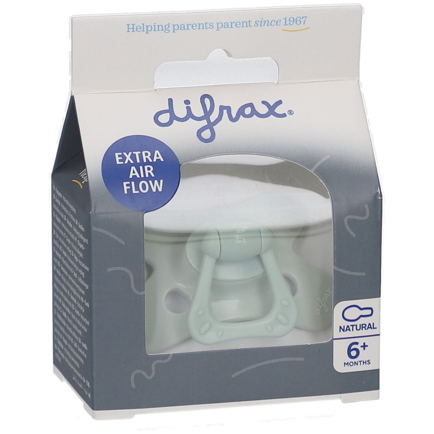 Hellgrüner Schnuller in Verpackung. Marke difrax, Extra Air Flow, Natural, 6+ Monate.