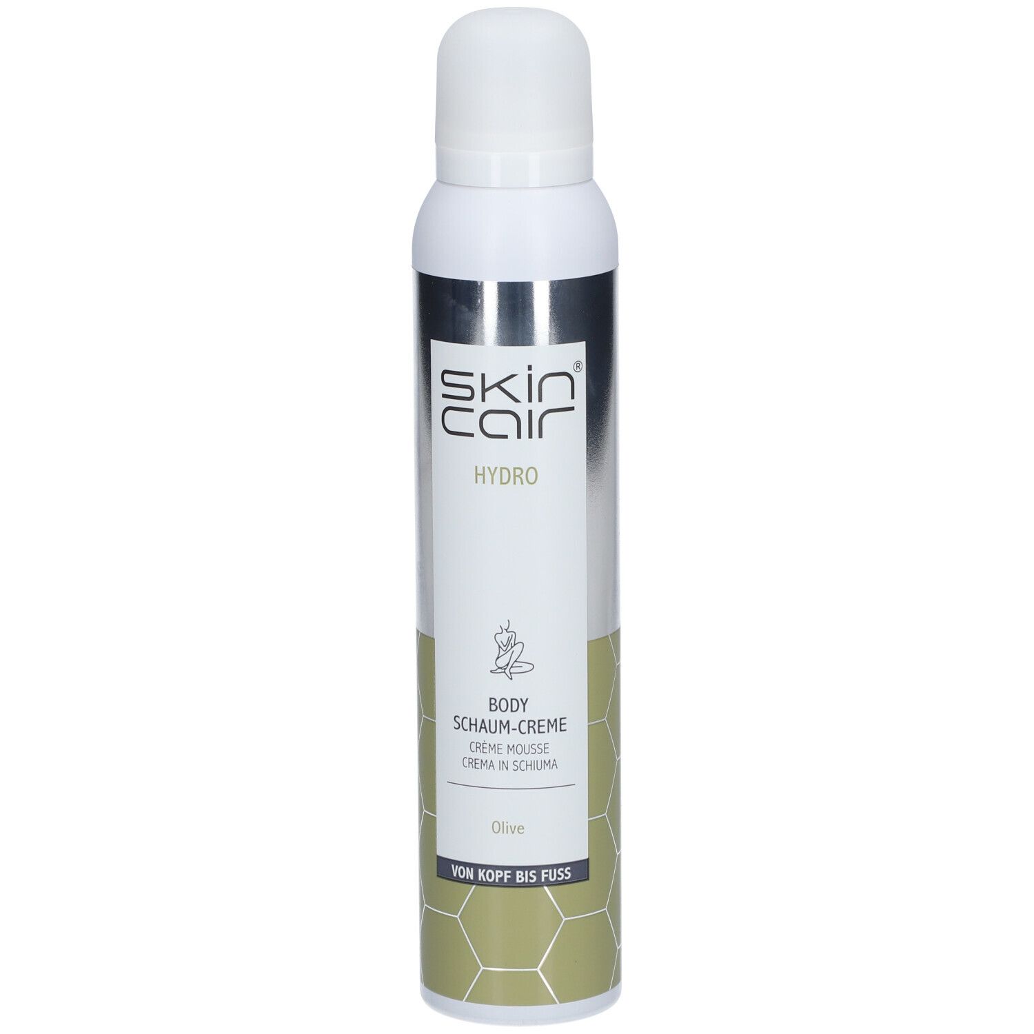 Weiß-silberne Flasche. Marke: Skincair® HYDRO. Text: HYDRO, BODY, Schaum-Creme, Olive. Von Kopf bis Fuß.