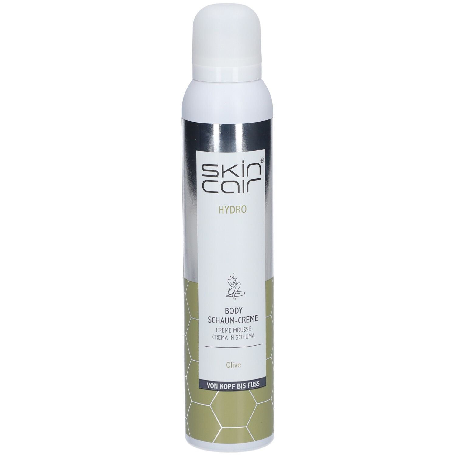 Weiß-silberne Flasche. Marke: Skincair® HYDRO. Text: HYDRO, BODY, Schaum-Creme, Olive. Von Kopf bis Fuß.