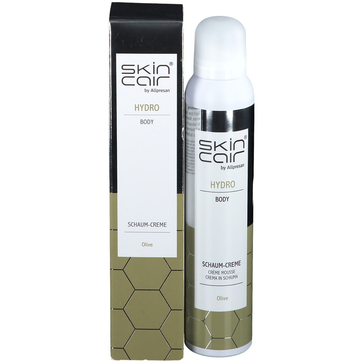 Körper Schaum-Creme, Flasche und Verpackung. Marke: Skincair® HYDRO. Text: Schaum-Creme, Olive. Verpackung: Schwarz, Grün.
