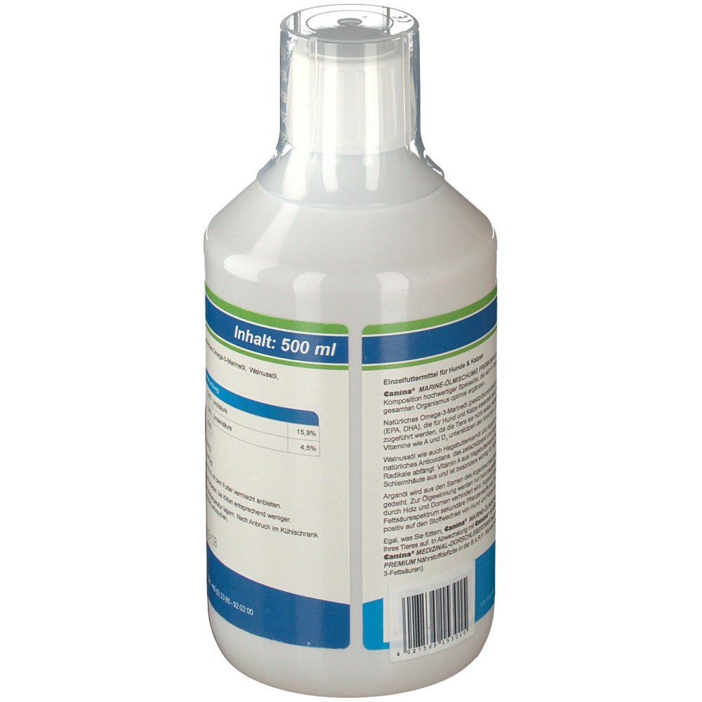 Rückansicht der weißen Flasche. Aufschrift: Inhalt: 500 ml. Enthält Informationen zu Inhaltsstoffen und Nährwerten.