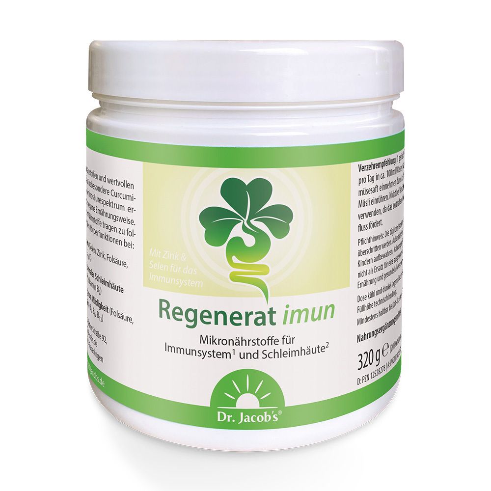 Weiße Dose mit grünem Etikett. Text: Regenerat imun, Dr. Jacob's. Kleeblatt-Logo. 320g.