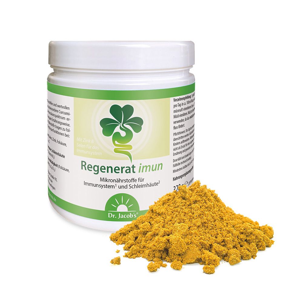 Weiße Dose mit grünem Etikett und gelbes Pulver daneben. Text: Regenerat imun, Dr. Jacob's. Kleeblatt-Logo.