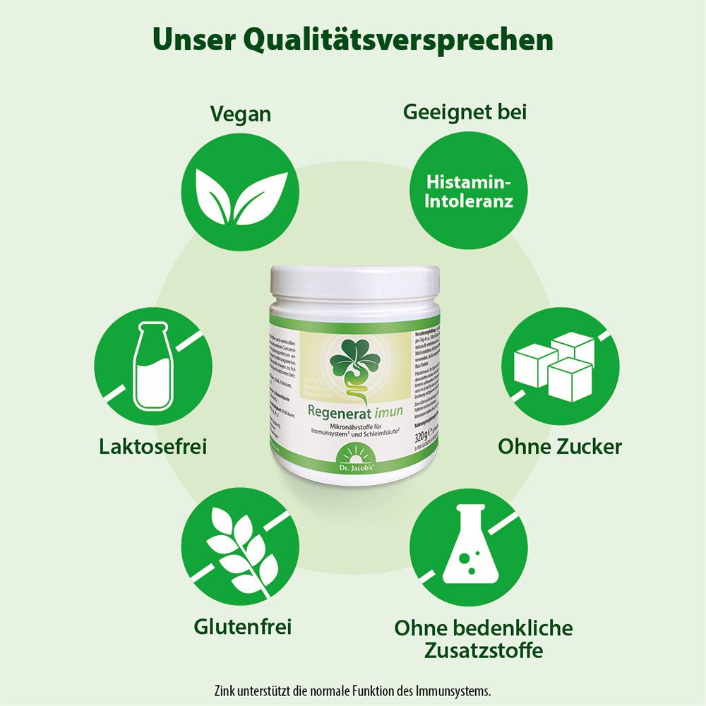 Weiße Dose mit grünem Etikett und Icons. Text: Unser Qualitätsversprechen. Vegan, laktosefrei, glutenfrei, ohne Zucker, ohne Zusatzstoffe.
