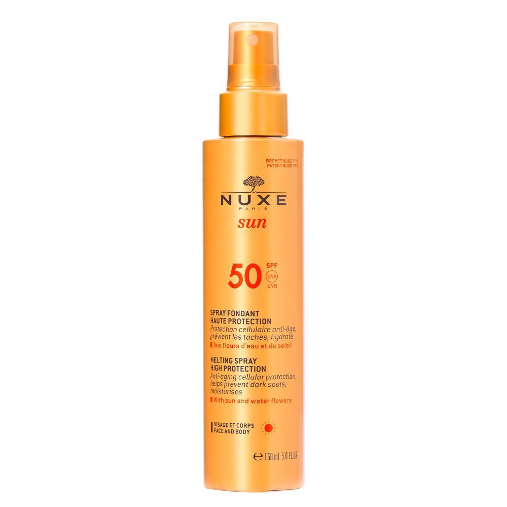 Sonnenschutzspray LSF 50 von NUXE Sun. Goldene Flasche mit Sprühkopf. Text: Spray Fondant Haute Protection.