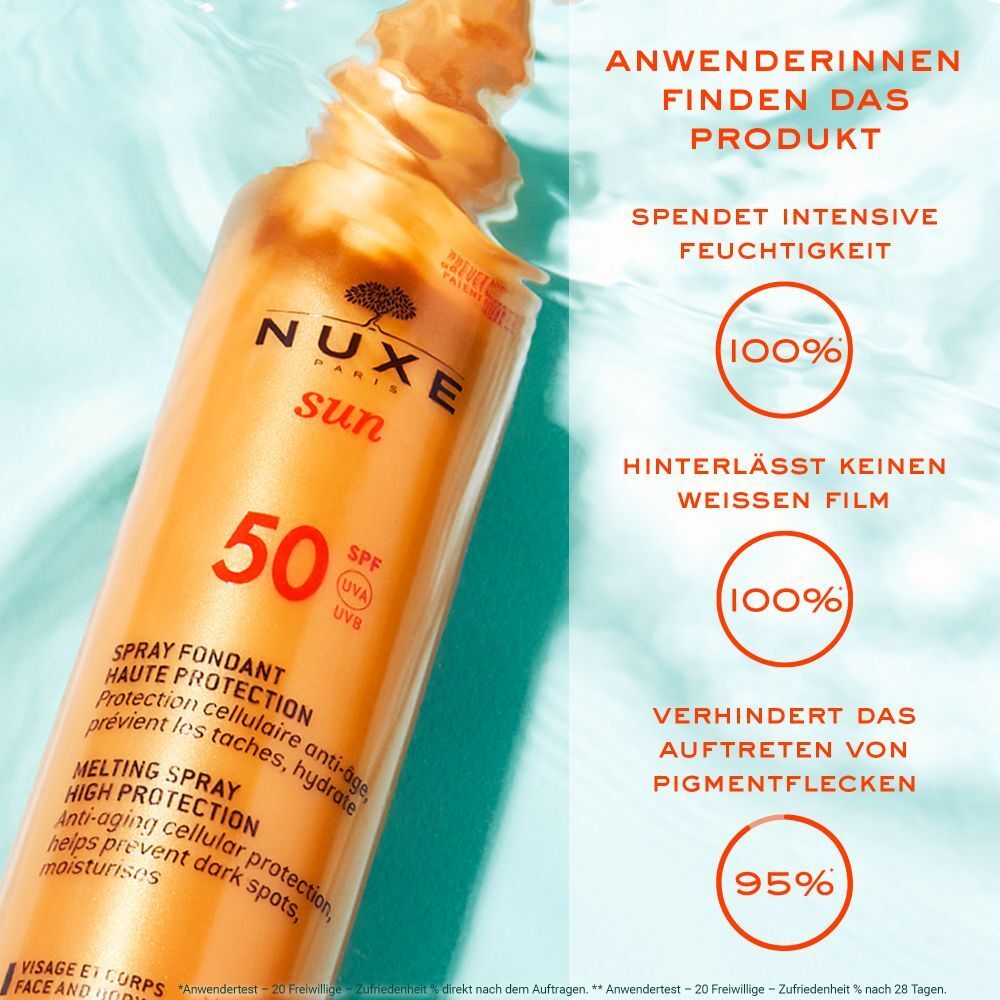 NUXE Sun Sonnenschutzspray LSF 50 in Wasser. Text: Spray Fondant Haute Protection. Prozentangaben zu Feuchtigkeit und Pigmentflecken.