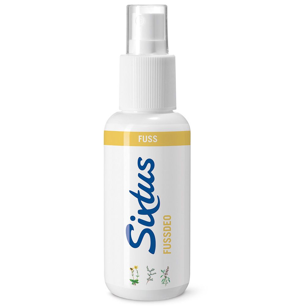 Weiße Sprühflasche mit gelbem Band und blauer Schrift. Aufschrift: Sixtus Fussdeo. Kleeblatt-Logo.
