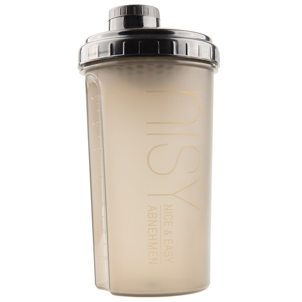 Shaker mit Drehverschluss und Sieb. Beige-transparenter Becher mit schwarzem Deckel. Aufschrift: NISY, NICE & EASY, ABNEHMEN.