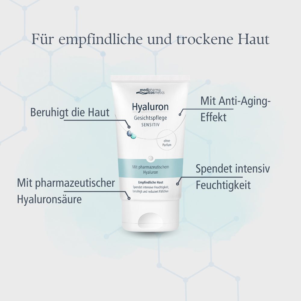 Weiße Tube mit Produktnamen und Logo. Text: Hyaluron Gesichtspflege Sensitive. Ohne Parfum. Mit pharmazeutischem Hyaluron. Diagramm mit Text.